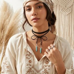 Boho Black Suede Turquoise Wrap Choker Necklace 66" Long Western Lariat Cowgirl